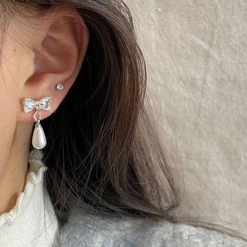 DAIIIBABYYY  -  Girls White Zircon Bow-knot Pearl Drop Earrings for Women Korean Fashion Sweet Cute Bow Stud Earring Luxury Jewelry Gift